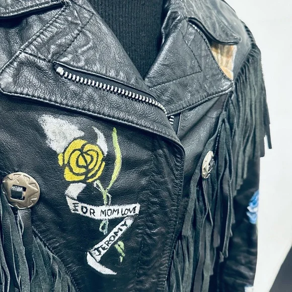 Guns ‘n Roses, One of a Kind, Hand Painted Vintage Black Leather Fringe Jacket